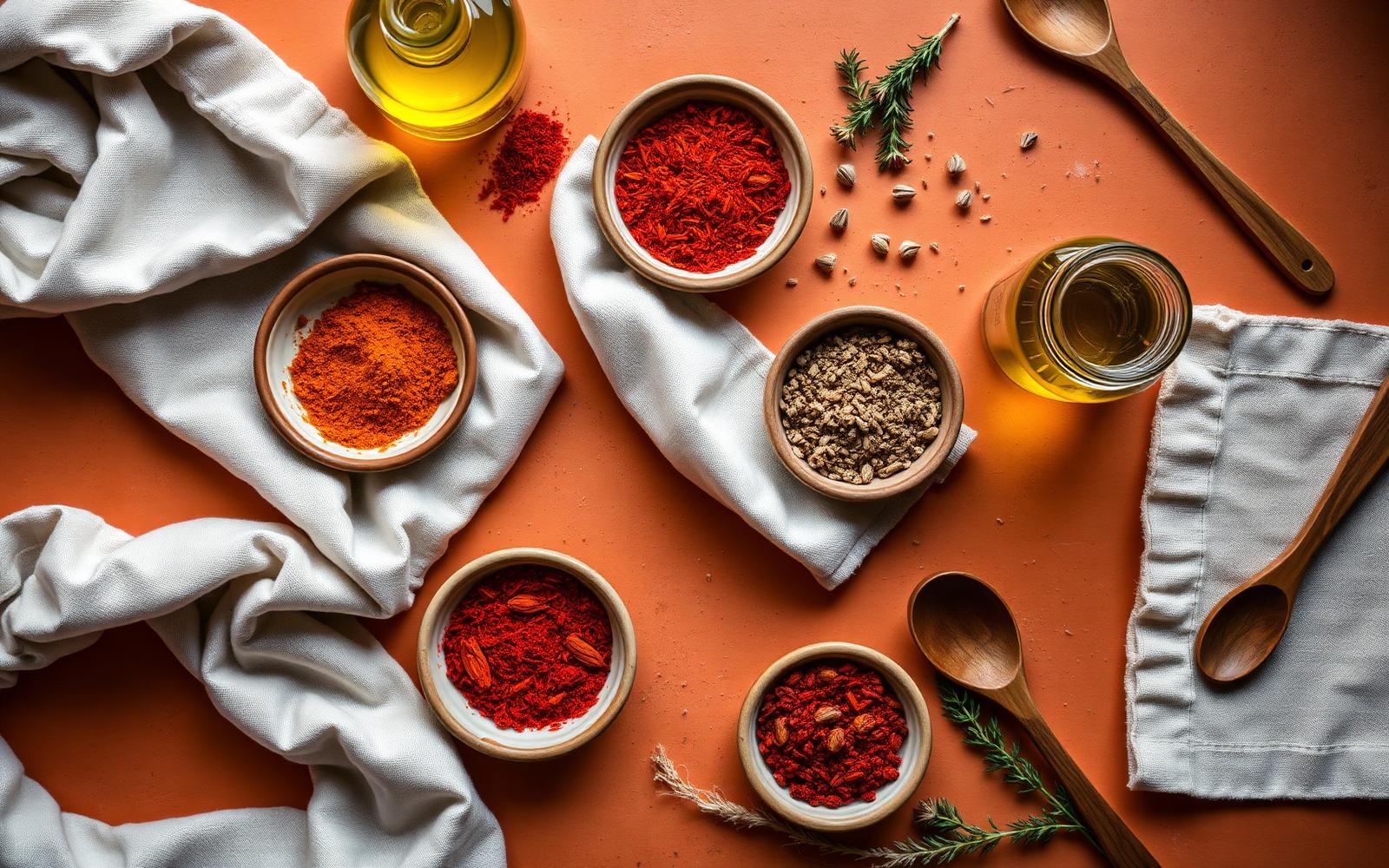 Flat lay of colorful artisan spices, olive oil and linen